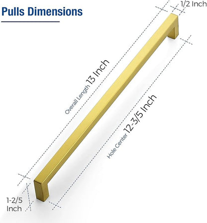 JOY DECOR 12 Pack Cabinet Handles, Gold Cabinet Pulls, 12-3/5 Inch Kitchen Closet Handles Square Drawer Pulls Stainless Steel Drawer Hardware, 320mm Hole Centers