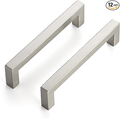 JOY DECOR 12 Pack Cabinet Handles, Brushed Nickel Cabinet Pulls, 5 Inch Kitchen Closet Handles Square Drawer Pulls Stainless Steel Drawer Hardware, 128mm Hole Centers