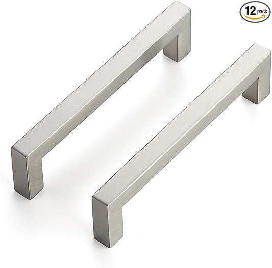 JOY DECOR 12 Pack Cabinet Handles, Brushed Nickel Cabinet Pulls, 5 Inch Kitchen Closet Handles Square Drawer Pulls Stainless Steel Drawer Hardware, 128mm Hole Centers