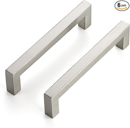 JOY DECOR 6 Pack Cabinet Handles, Brushed Nickel Cabinet Pulls, 5 Inch Kitchen Closet Handles Square Drawer Pulls Stainless Steel Drawer Hardware, 128mm Hole Centers