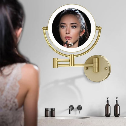 Matte Gold Wall Mounted Makeup Mirror with Lights and 10X Magnification, 8" Rechargeable 2-Sided 3-Colors, Touch Dimmable Extended Arm 360 Rotation, Foldable Vanity Cosmetic Shaving Mirror Bathroom