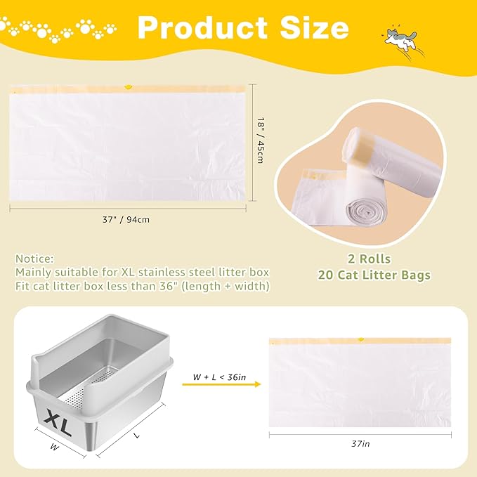Litter Box Liners 20 Count, 37" x 18" Jumbo 3MIL Thicken Cat Litter Bags Tear Resistant Disposable Cat Litter Liners for XL Stainless Steel Litter Box and Other Suitable Size Litter Box-Mewly Pet