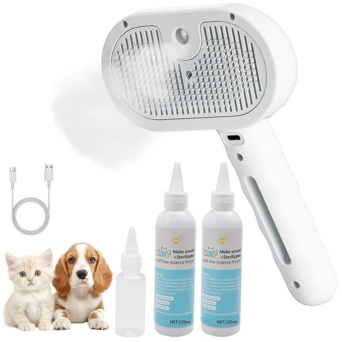 Cat Steam Brush for Shedding– 4-in-1 De-Shedding, Steam Spray, and Self-Cleaning Grooming Tool – Ideal for Long and Short-Haired Pets– Includes 2 Bottles of 120 mL Waterless Shampoo(White)-Mewly Pet