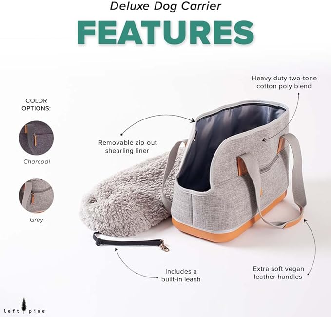 LeftPine x P.L.A.Y. Deluxe Dog Carrier Purse - Soft Sided Pet Travel Tote for Small Dogs & Puppies up to 16 Pounds - Built-in Safety Leash, Machine Washable, Removable Liner, Zipper Pocket (Gray)-Mewly Pet