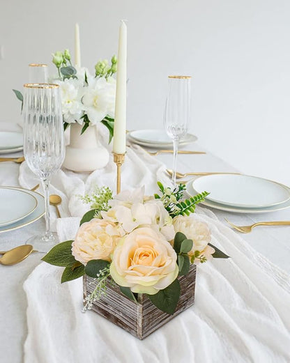 DILATATA Flower Arrangement with Wooden Vase 8" Artificial Flowers in Pot - Fake Flowers Roses Peonies Hydrangeas in Wooden Vase Potted Flower Centerpieces for Table Decor - Pale Yellow