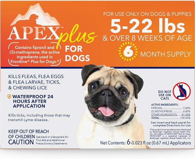 Apex Plus Flea and Tick Prevention for Dogs | Small (5-22 lbs) | 6-Month Supply | Dog Flea and Tick Treatment | 24-Hour Activation, Waterproof, 30-Day Protection-Mewly Pet