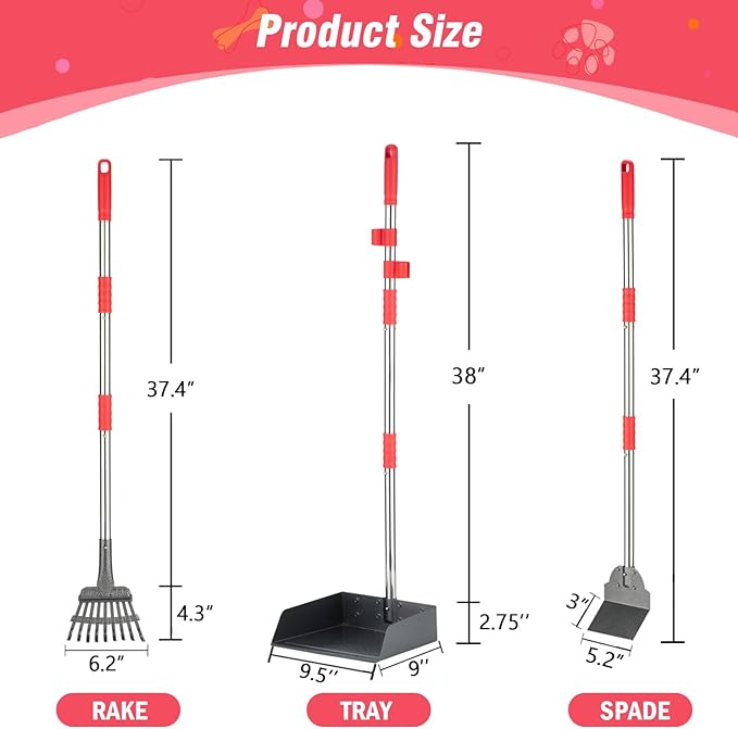 Dog Pooper Scooper Set, Pooper Scooper for Dog, Heavy Duty Stainless Steel Rake with Extra Large Tray & Spade No Bending Clean Up for Pet Waste Removal, for Grass, Dirt Or Gravel.-Mewly Pet