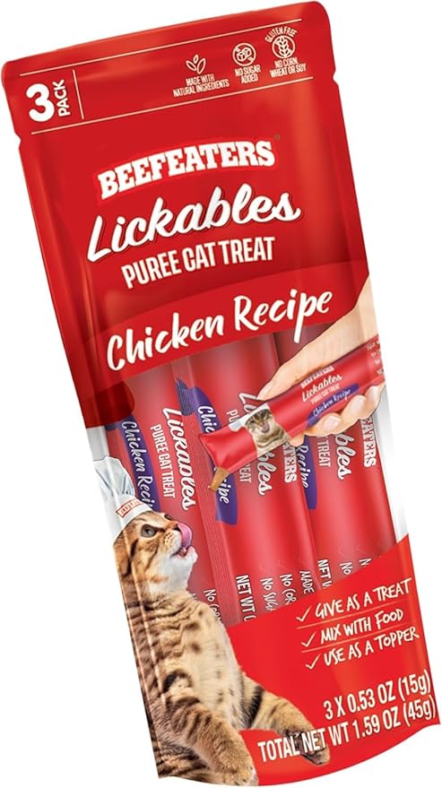 Beefeaters Cat Treats Lickable Puree 1.59oz (12-Pack) – Chicken, Grain-Free, Taurine-Enriched, Ideal for Training & Interactive Feeding-Mewly Pet