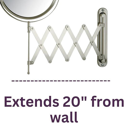 JERDON Two-Sided Wall-Mounted Makeup Mirror - Makeup Mirror with 7X Magnification & Extendable Arm - 8-inch Diameter Mirror with Nickel Finish Wall Mount - Model JP2027N