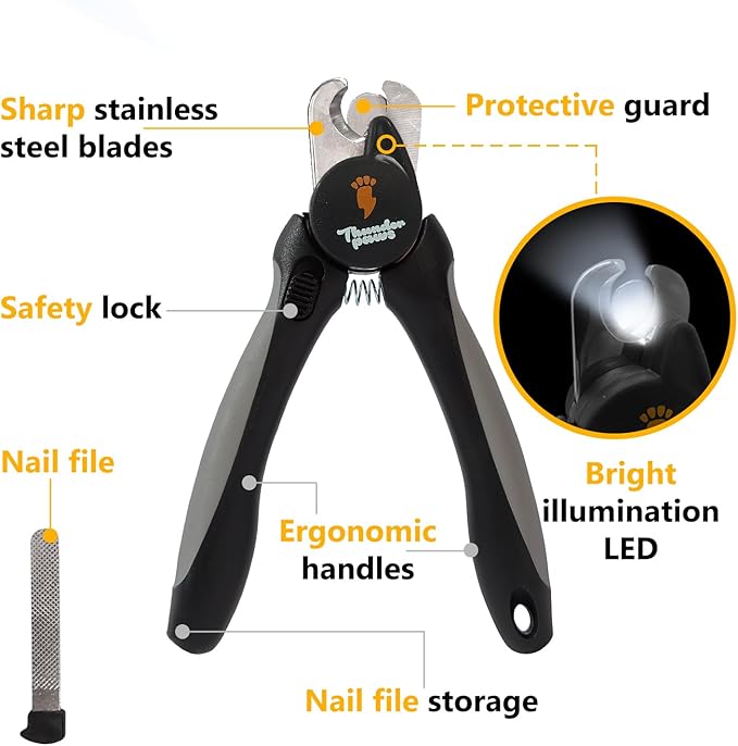 LED Dog Nail Clippers with Light, Trimmers with Protective Guard, Quick Sensor, Safety Lock and Nail File - Suitable for Large and Small Dogs & Cats (Grey, LED)-Mewly Pet