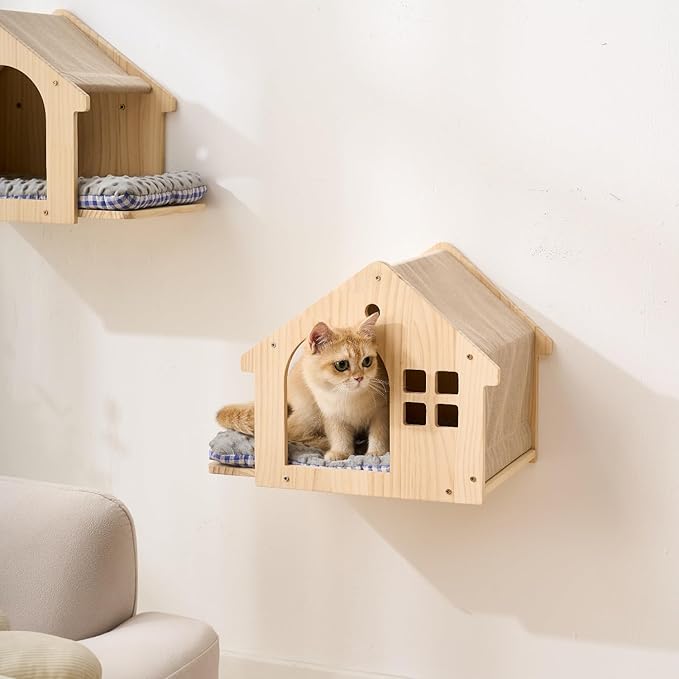 SHENGOCASE Natural Wood Cat Wall Shelves Bed, 2-Pack, Wall-Mounted Box House Perch, Cat Condo Furniture with Washable Pillow Cushions-Mewly Pet