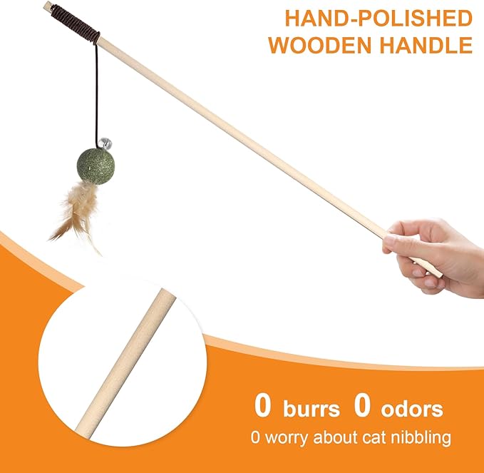 Cat Feather Toys with Catnip Ball, Feathers & Bell - 2 Replaceable Mouse Heads, Elastic Rope & Wooden Handle for Aggressive Kittens, Durable Bite-Proof Interactive Cat Teaser for Indoor Play-Mewly Pet