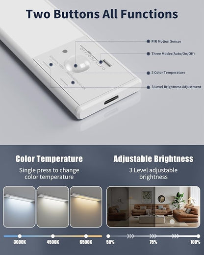 FBY Under Cabinet Lighting, 12 Inch Motion Sensor Light Indoor, 1800mAh USB Rechargeable Closet Light, 3 Color Temperature Operable LED Lights, Can Be Used for Wardrobes, Cabinets, Stairs (3 Pack)