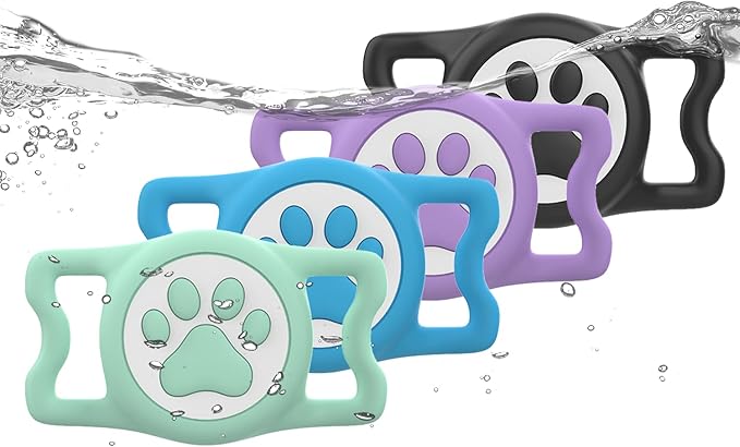 IP68 Waterpoof Dog Airtag Holder, Stretchy Silicone Full Body Covered Apple Air Tag Holder for Dog Cat Collar Fit All Width Collar (Black/Green/Blue/Pink, 4 Pack)-Mewly Pet
