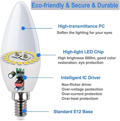 Vinaco E12 LED Bulb, 6 Pack E12 Candelabra Bulb 4 Watt Warm White 3000K, High Brightness 400LM & 25000+ Long Lifespan Bulb, E12 Candelabra Base Light Bulb for Ceiling Fan Light Bulb