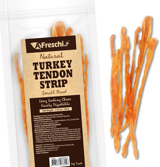 Afreschi Turkey Tendon Dog Treats, Strip 3.53 oz, USA Sourced Turkey, All Natural Human Grade Puppy Chew, Hypoallergenic, Rawhide Alternative, for Small Breeds-Mewly Pet