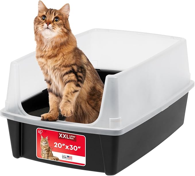 IRIS USA XX-Large Cat Litter Box, Open Top Extra Large Litter Box for Big Cats and Multi-Cat Households, High Sided Scatter Shield, Easy to Clean, 30" L x 20" W x 14" H, Black-Mewly Pet