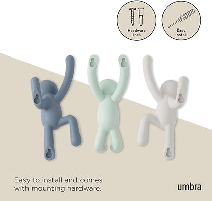 Umbra Buddy Wall Hooks – Decorative Wall Mounted Coat Hooks for Hanging Coats, Scarves, Bags, Purses, Backpacks, Towels and More, Set of 3, Light Multicolored