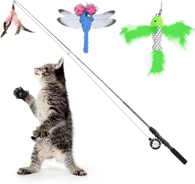 Pawaboo Cat Feather Toys, 4 Pack Interactive Teaser Wand, Retractable Fishing Pole Catcher Exerciser With Refill Fish, Dragonfly Worm With Bells, Fun Kitten Kitty Playing Toy-Mewly Pet