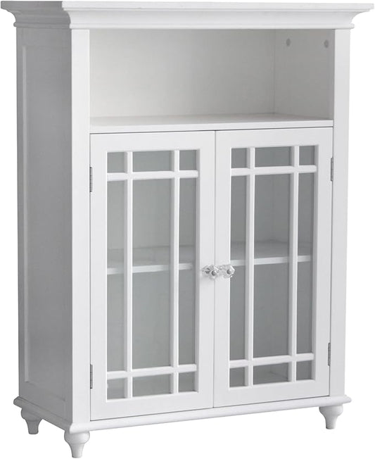 Teamson Home Neal Wooden Freestanding Floor Cabinet with 1 Adjustable Shelf 3 Storage Spaces 2 Glass Doors and 2 Clear Knobs, White