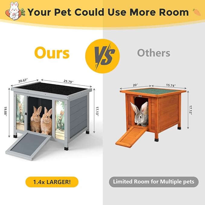 COZIWOW 24in Wooden Cat House Outdoor & Indoor Pet Shelter with Foldable Ramp - Weatherproof Rabbit Hutch with Unique Machine-Printed Art Designs for Cat, Rabbit, Guinea Pig (Grey)-Mewly Pet