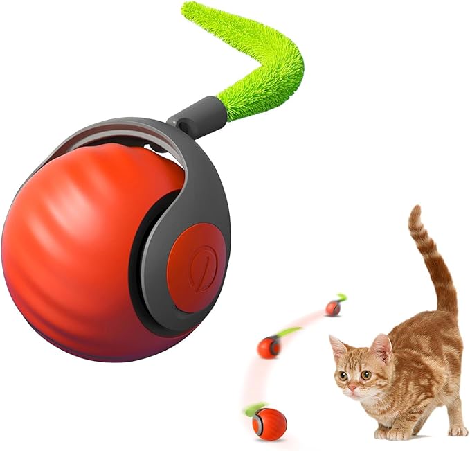Interactive Cat Toys for Indoor Cats, Rechargeable Moving Cat Ball with Feather Tail, 2 Speeds Automatic Kitten Toys for Bored Indoor Cats,Motion Activated Rolling Ball Toys (Orange)-Mewly Pet