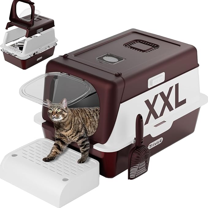 XX-Large Stainless Steel Cat Litter Box with Lid – Fully Enclosed Large Litter Box for Big Cats, Odor Control with Magnetic Door, Easy Clean, Multi-Cat Durable Metal Pan (Burgundy)-Mewly Pet