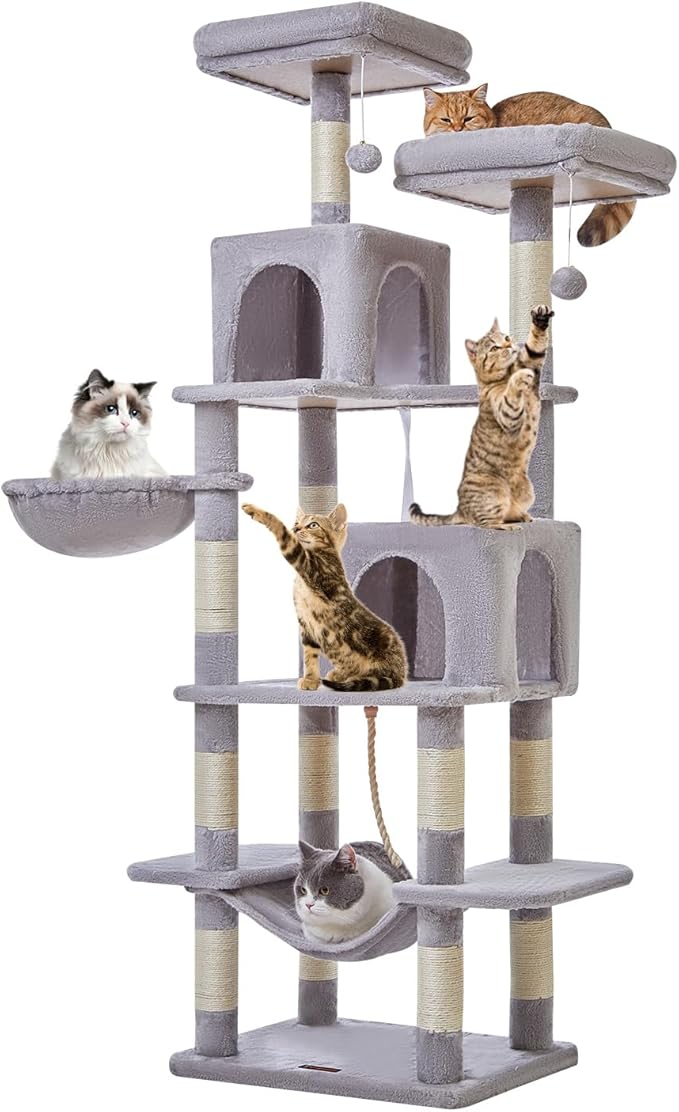 Taoqimiao Cat Tree, 71.7-Inch Cat Tower for Indoor Cats, Plush Multi-Level Cat Condo with 13 Scratching Posts, 2 Perches, 2 Caves, Hammock, 2 Pompoms,Light Gray MS013LW-Mewly Pet