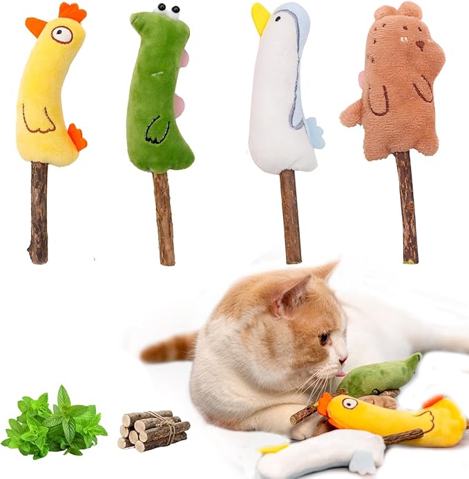 4-Piece Catnip Toys with Valerian Stick Catnip Toys with Various Cute Animal Styles, Plush Cat Toys for Indoor Cats, Cat Chew Toys Kitten Toys-Mewly Pet
