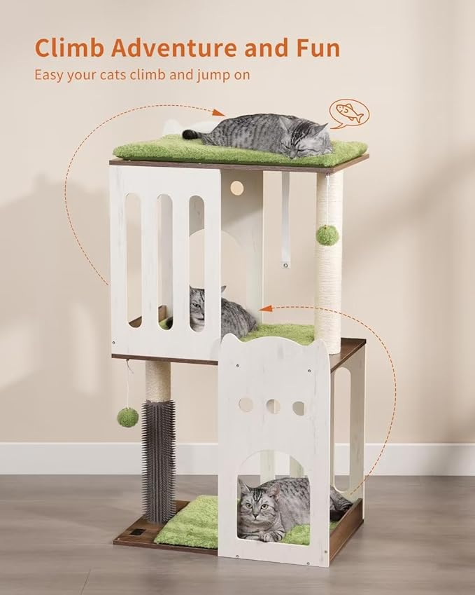 FourFurPets 43.7in 3-Tier Modern Cat Tree Tower Condo, Cat Scratch Posts for Indoor Cats, Big Plate, Two 19.7in Full Sisal Scratching Posts, White-Mewly Pet