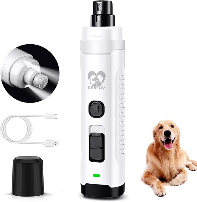 Casfuy Dog Nail Grinder with 2 LED Light for Large Medium Small Dogs - 3X More Powerful 2-Speed Electric Pet Nail Trimmer Rechargeable Quiet Painless Paws Grooming & Smoothing Tool (White)-Mewly Pet