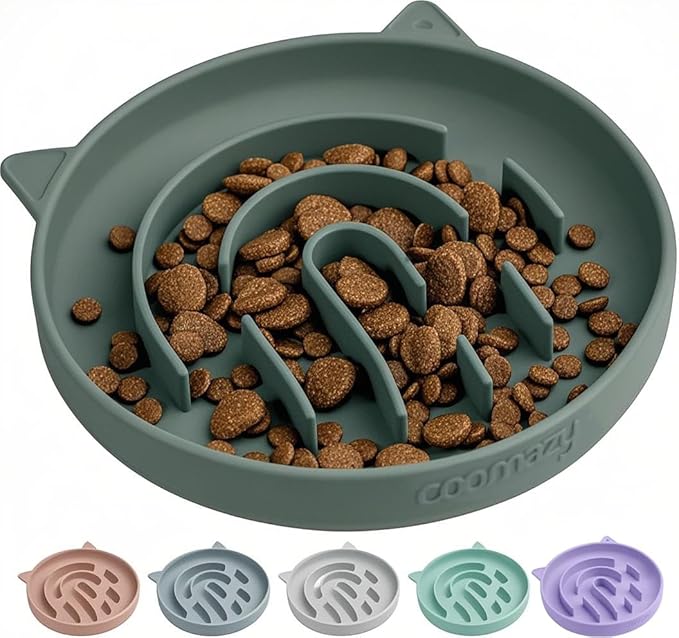 Coomazy Silicone Slow Feeder Dog Cat Bowls, Interactive Puzzle Toy for Pets Food Training, Keeps Dogs Cats Busy, Prevents Puppy Kitty Overeating (Dark Green, 1.4Cup)-Mewly Pet