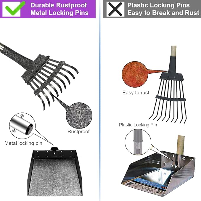 QiMH Upgraded Dog Pooper Scooper Extra Large, Adjustable Long Handle Stainless Metal Pet Poop Tray and Rake Set for Large Medium Small Dogs, Dog Waste Removal Bin Rake, Great for Grass, Street, Gravel-Mewly Pet