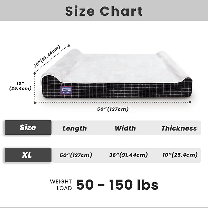 Laifug Orthopedic Memory Foam Extra Large Dog Bed with Pillow and Durable Water Proof Liner & Removable Washable Cover & Smart Design (Jumbo (50"x36"x10"), Black Grid Gray)-Mewly Pet