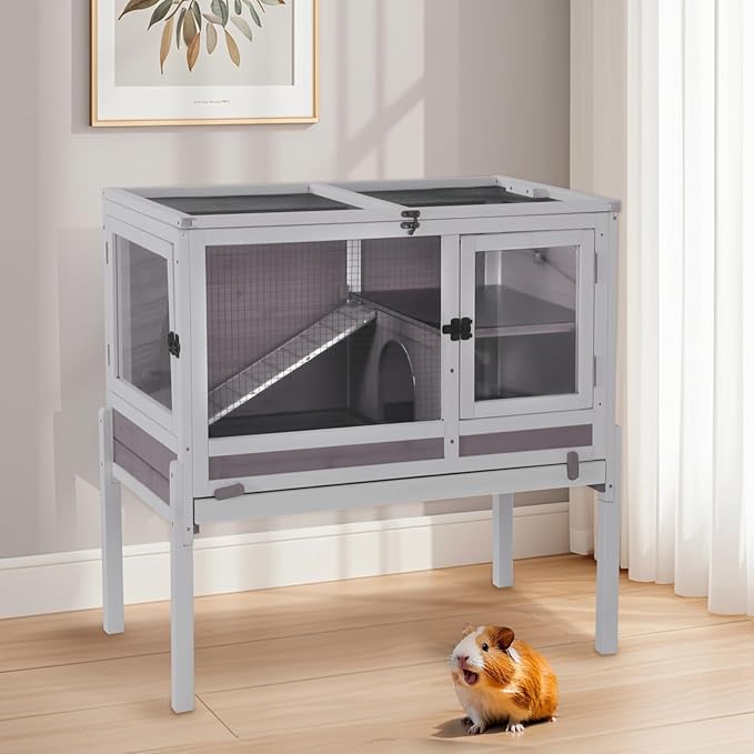 Aivituvin 2-Story Rabbit Hutch with Anti-Chew Ramp & Zinc Sheet - 36.6" Indoor Guinea Pig Cage, Wooden Stand, Pull-Out Tray & Leakproof Floor (Grey)-Mewly Pet