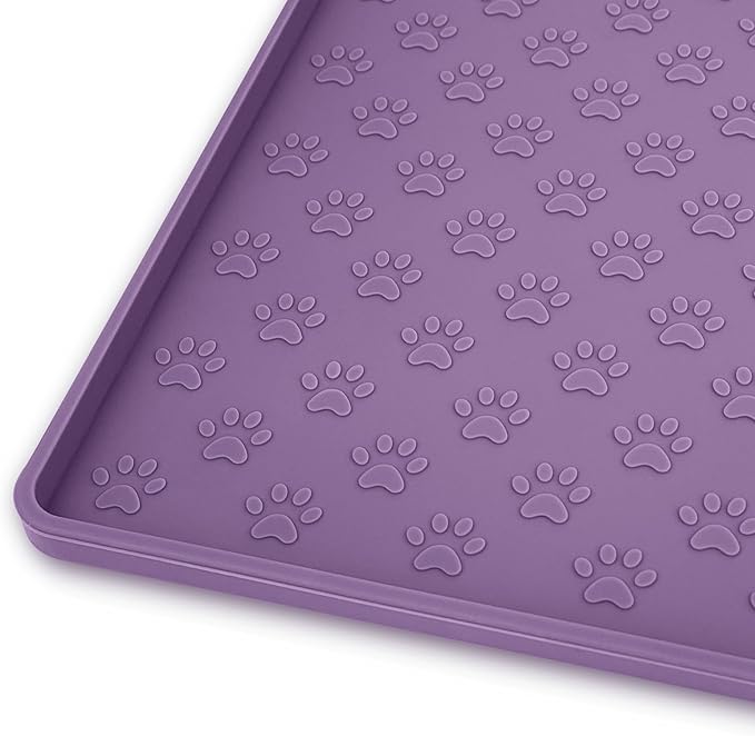 Ptlom Silicone Dog Food Mat Waterproof Pet Feeding Mat with High-Lips, Anti-Slip Dog Bowl Mat for Food & Water, Non-Spill Puppy Feeding Tray for Small, Medium & Large Dogs and Cats, Purple-Mewly Pet