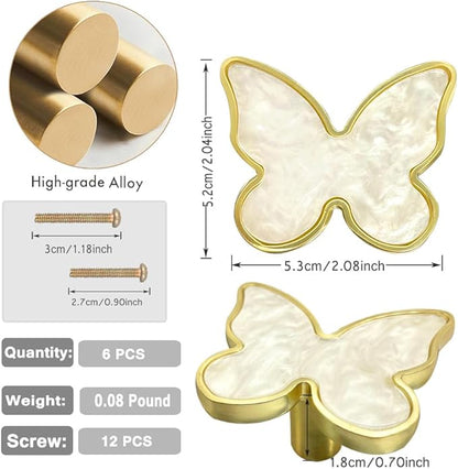 6 pcs Butterfly Shape Knobs Handle Gold Cabinet Knobs Decoration Door Handle Single Hole Handles Cabinet Drawer Dresser Kitchen Wardrobe Furniture Hardware Pulls (White)