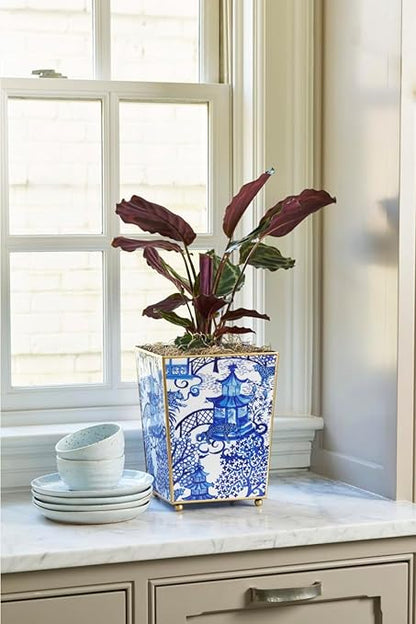 Jaye’s Studio Garden Party Decorative Gold Waste Basket for Bathroom Trash Can no Lid, Bedroom Garbage Can Square Office Trash Bin, Vanity Enamel White & Blue Bathroom Trash Can Gold Feet, 9 inch Wide