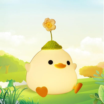 Attivolife Cute Duck Night Light, Animal Soft Silicone LED Lamp with Dimmable and Timer, Portable USB Rechargeable Bedroom Bedside Table Decor, Birthday Christmas Gifts for Girl Boy (Flower Hat)