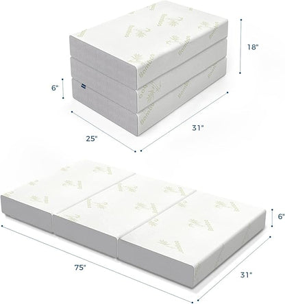 Inofia Folding Mattress, 6 Inch Trifold Memory Foam Mattress with Ultra Soft Removable Cover, Non-Slip Bottom & Breathable Mesh Sides, Foldable & Portable - Cot Size (75" x 31" x 6")