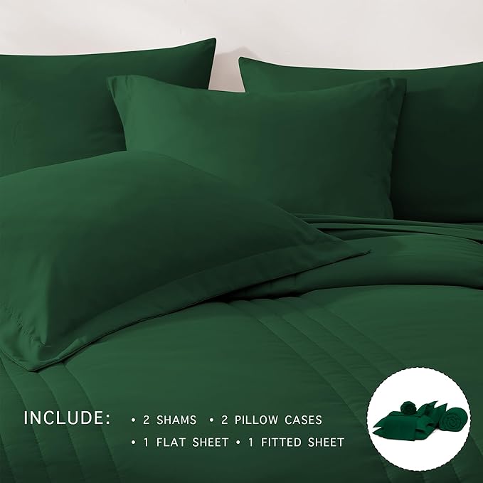 Monbix Full Comforter Set - 7 Pieces Emerald Green Bed in a Bag Full Size Bedding Sets with Comforters, All Seasons Down Alternative Comforter with Sheets, Pillowcases & Shams