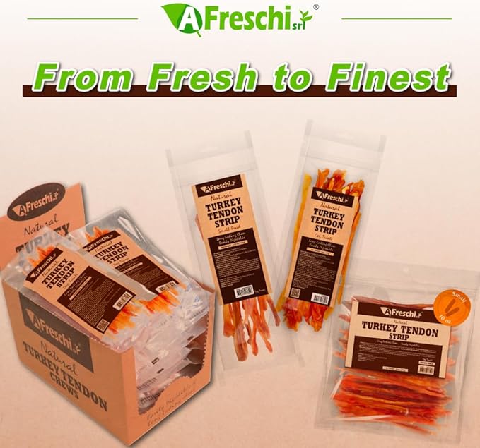 Afreschi Natural Turkey Tendon Strip 10 Units/Box, All Natural Human Grade Puppy Chew, USA-Sourced Turkey Tendon, Hypoallergenic, Easy to Digest, Rawhide Alternative-Mewly Pet