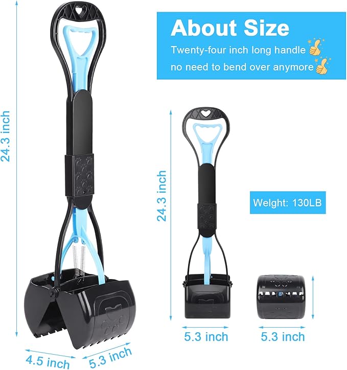 PPOGOO Non-Breakable Pooper Scooper for Large Medium Small Dogs with 24.3inch Long Handle High Strength Material Durable Spring, Easy Grass and Gravel Pick Up-Mewly Pet