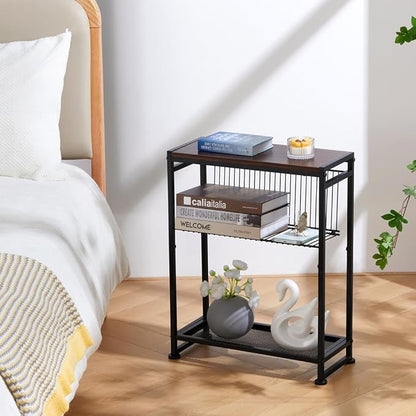 Small Side Table for Small Spaces - Slim End Table with Magazine Holder - 2 in 1 Design Narrow End Table Living Room - Skinny Bedside Table Nightstand Bedroom Thin Side Table, Cherry