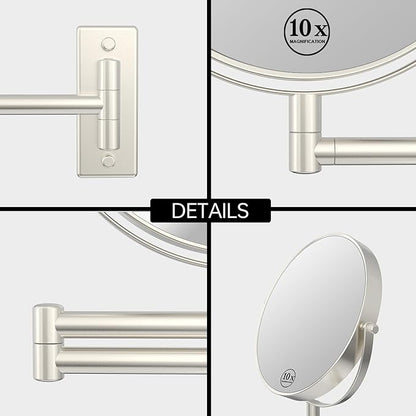 Wall Mounted Makeup Mirror, 1x/10x Double-Side Magnifying Mirror 8 Inch Vanity Mirror, 360° Extendable Arm Wall Mirror, Bathroom Mirror for Makeup or Shaving Nickel