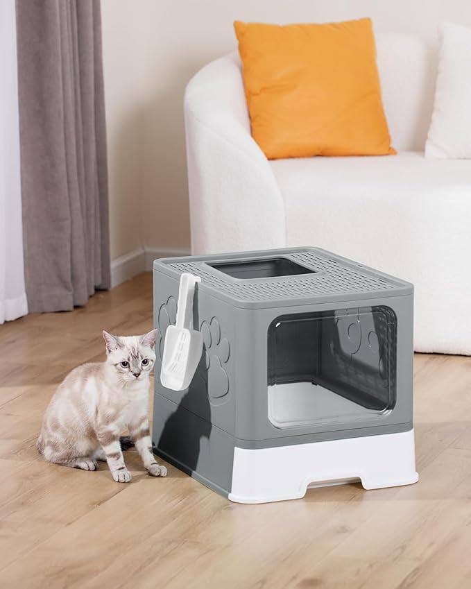 Enclosed Cat Litter Box, Large Litter Box for Big Cats, Covered Kitty Litter Boxes with Lid, Top Entry Cat Box Enclosure with Scoop, Odor Control, Easy to Clean(Grey)-Mewly Pet