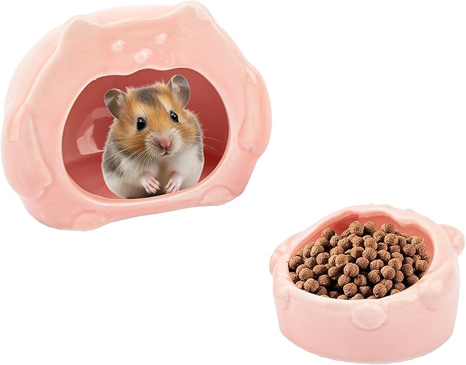 Bear-Shaped Hamster Hideout & Food Bowl Set - Ceramic Habitat for Syrian Dwarf Hamsters, Mice, Gerbils - All-Season Use, Chew-Proof Ceramic House and Feeding Dish for Small Pets(Pink)-Mewly Pet