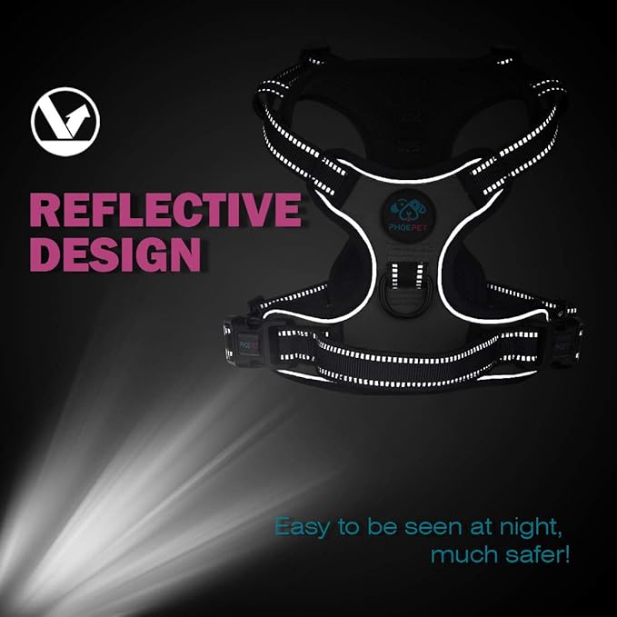 PHOEPET No Pull Dog Harness Medium Reflective Front Clip Puppy Vest with Handle,Adjustable 2 Metal Leash Attachment Hooks(M, Green)-Mewly Pet