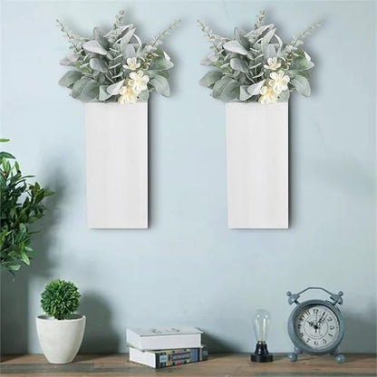 Wood Wall Planters 2 Pack with Artificial Greenery Plants - Pocket Wall Vases for Dried Flowers - Wood Wall Decor Hanging Planters for Living Room, Bedroom, Home Decor - White