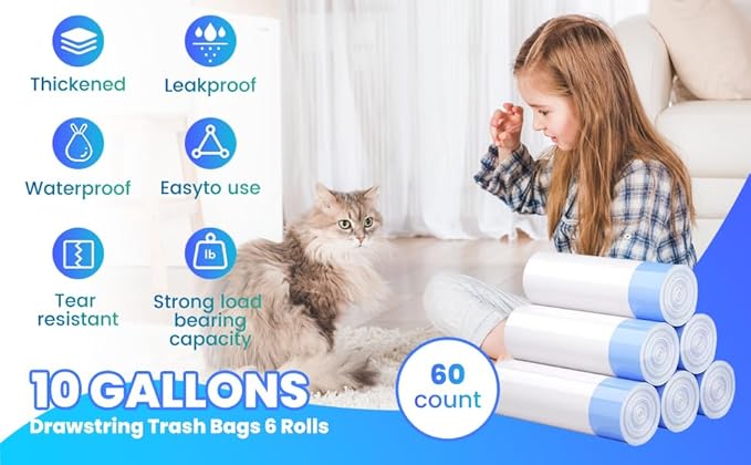60 Pack Large Cat Litter Bags - 3MIL Extra Thick Leakproof Litter Box Liners, 31"x18" Heavy Duty Drawstring Cat Litter Liners for Automatic Litter Box, Odor Control Disposable Kitty Litter Bags 6 Roll-Mewly Pet